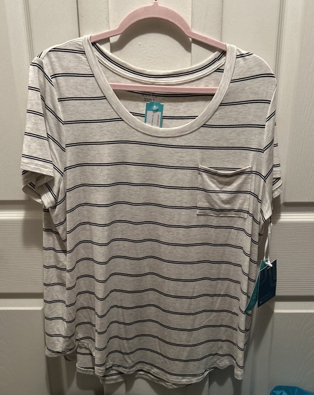 NEW Market & Spruce Elaine Womens Off White Striped, Short Sleeve, Size XL Top
